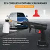 Kép 2/13 - 21 V vezeték nélküli hordozható 24,5 bar nyomású autómosó készülék habpalack fúvókákkal, 5 m-es víztömlővel (1 db akkumulátor)