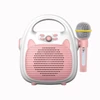 Kép 1/12 - Hordozható újratölthető karaoke hangszóró mikrofonnal BT/memóriakártya/USB csatlakozással, fénnyel - Pink