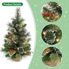 Kép 10/11 - 60 cm-es kis karácsonyfa, meleg fehér LED-es fényfüzér - PVC fenyőtűvel, piros gyümölcsös műanyag fenyőtoboz díszítéssel, ragacsos púderrel burkolt alappal