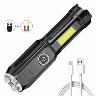 XANES® Kettős fényű, többfunkciós, vízálló LED zseblámpa COB oldalsó lámpával, akkumulátorral és mágneses véggel, USB újratölthető Akkumulátorral - Fekete