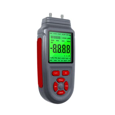 EU ECO Raktár - Digitális manométer, kétportos levegőgáznyomás-mérő, nyomáskülönbség-mérő LCD háttérvilágítású kijelzővel Beépített Akkumulátorral - Piros
