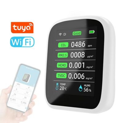 Tuya Wifi hordozható levegőminőség-mérő 8 az 1-ben PM1.0 PM2.5 PM10 CO2 TVOC HCHO hőmérséklet- és páratartalom-mérő LCD színes képernyős szén-dioxid-érzékelő idő- és dátumkijelző funkcióval