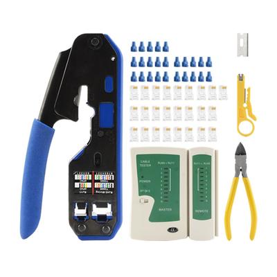 RJ45 krimpelő szerszámkészlet RJ-11 6P/RJ-12, 8P/RJ-45 krimpelő vágó- és szalagszerszám 25 DB RJ45 CAT5 CAT5e csatlakozókkal 20 DB fedél 1 hálózati kábeltesztelő és 1 vezetékeltávolító