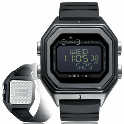 NORTH EDGE Katonai szabadtéri sport multifunkciós iránytű Világító időzítő fém óra 5ATM vízálló férfi digitális óra - Fekete