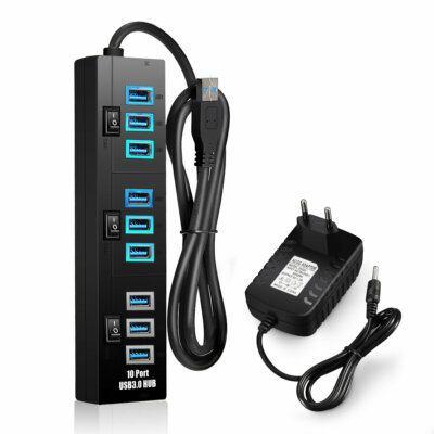 ELEGIANT 10-Portos USB3.0 HUB Adapter Gyorstöltés Funkcióval - Fekete