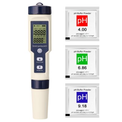 5 az 1-ben professzionális digitális többfunkciós PH / EC / TDS / sótartalom / hőmérő és vízminőség-mérő