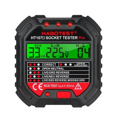 HABOTEST GFCI kimeneti tesztelő feszültség kijelzővel 90-250 V aljzatvizsgáló automata áramköri polaritás érzékelő megszakító kereső HT107D