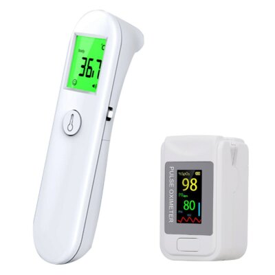 UX-A-02 érintésmentes infravörös hőmérő háttérvilágítású kijelző homlok + SO 911 digitális ujjbegyű pulzoximéter véroxigén érzékelő