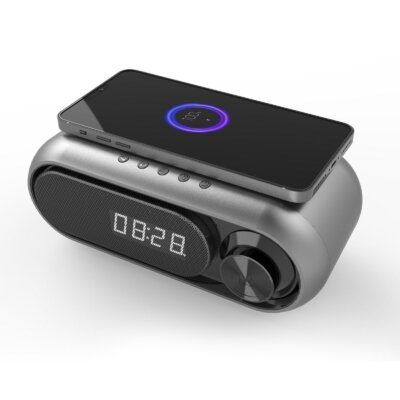 Bluetooth többfunkciós hangszóró, LED digitális asztali óra, vezeték nélküli töltő, FM rádió