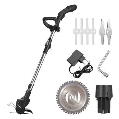 12V vezeték nélküli fűnyíró, gazirtó gép kertbe és udvarba - 1 akkumulátor