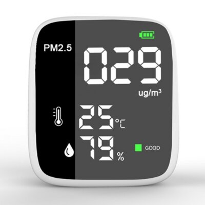 Hordozható USB újratölthető PM2.5 érzékelő, többfunkciós termohigrométer beltéri levegőminőség-elemző