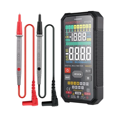 HABOTEST intelligens digitális multiméter, 3,1 hüvelykes LCD 6000 számláló univerzális mérőműszer, automatikus hatótávolság True RMS NCV teszter 600 V voltmérő 6 A ampermérő 60 MΩ ohmmérő 60 mF kondenzátor hőmérsékletmérő - HT127B VA kijelző