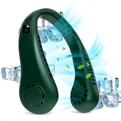 5 fokozatú USB-s nyaki, lapátnélküli ventilátor digitális kijelzővel, 2600 mAh kapacitással - Zöld