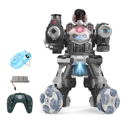 JC09 2,4G távirányítós robot négykerék-meghajtású vízbomba spray-robot játék fényzenével (2 távirányító) - Ezüst