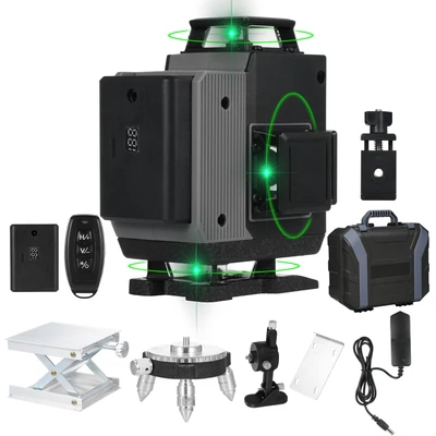 Zöld 4D Green Cross Line Professional építkezéshez Két 360°-os függőleges és két 360°-os vízszintes lézerszintező távirányítóval - 16 vonal