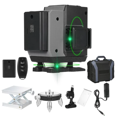 Zöld 4D Green Cross Line Professional építkezéshez Két 360°-os függőleges és két 360°-os vízszintes lézerszintező távirányítóval - 12 vonal