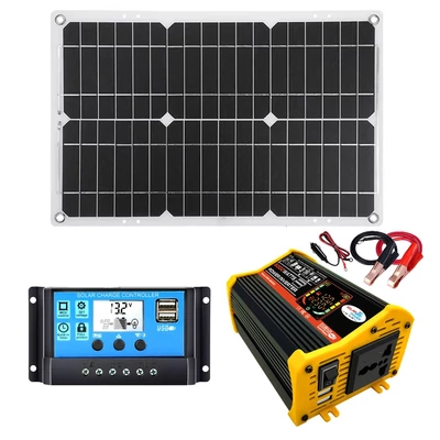 Napelemes energiatermelő rendszer 25 W napelem + 6000 W inverter DC 12 V-tól AC 220 V-ig intelligens LCD kijelzővel, kettős USB töltőporttal + 30 A napelemes töltésvezérlő