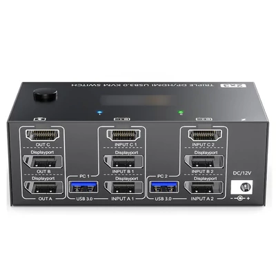 USB 3.0 KVM Switcher Három bemenetes, két kimenetű, kétmonitoros kapcsoló 8K@30Hz 4K@144Hz USB 3.0 Displayport vezetékes távirányítóval és 4 mellékelt kábellel Kompatibilis Mac/Windows/Linux rendszerrel