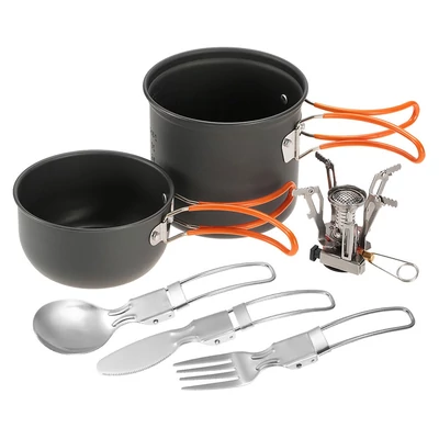Mini kemping tűzhely és edénykészlet összecsukható kanállal, villával, vágóval szabadtéri kempingezéshez, túrázáshoz, hátizsákos piknikhez
