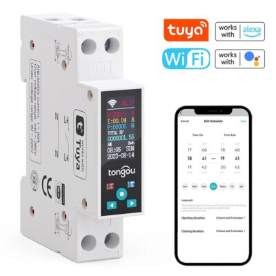 tongou Tuya Wifi intelligens 35 mm-es DIN Sínes megszakító LED-es teljesítménymérő, időzítő relé, APP vezérlés előre fizetett funkcióval