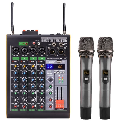 Professzionális 4 csatornás BT audio keverő 2 vezeték nélküli mikrofonnal LED digitális keverőpulttal
