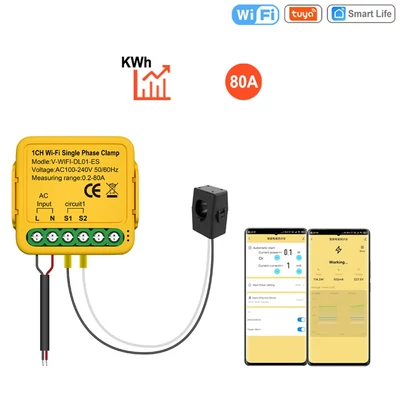 Tuya WiFi 2,4 GHZ intelligens energiamérő, egyfázisú fogyasztásfigyelő 1 bilinccsel