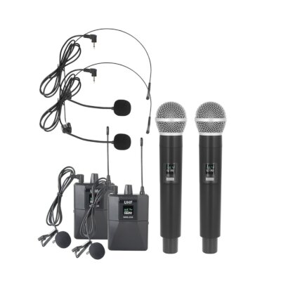 Professzionális UHF vezeték nélküli mikrofonrendszerű kézi kettős mikrofon vevőkészülékkel, hordható adófejjel és Lavalier mikrofonokkal