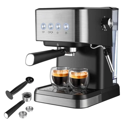 Eszpresszógép 1050 W 15 bar minden egyben félautomata kávéfőző tejhabosító gőzpálcával / 1,5 literes víztartály / kávészűrő / szűrőkosár / szabotázs kanál cappuccinohoz / tejeskávéhoz - Fekete