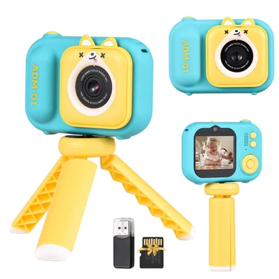 Andoer 1080P mini digitális fényképezőgép gyerekeknek, 48 MP, 2,4 hüvelykes IPS képernyő, kettős objektív, 32 GB memóriakártyával, kártyaolvasóval és asztali állvánnyal - Kék