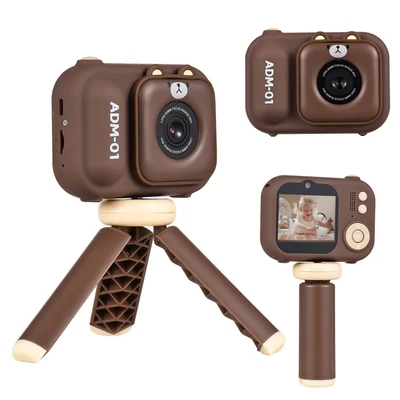 Andoer 1080P mini digitális fényképezőgép gyerekeknek, 48 MP, 2,4 hüvelykes IPS képernyő, kettős objektív, 32 GB memóriakártyával, kártyaolvasóval és asztali állvánnyal - Barna