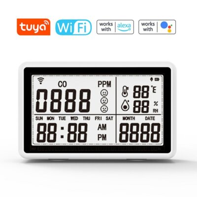 Tuya Wifi hordozható 2 az 1-ben CO-érzékelő, hőmérséklet- és páratartalom-mérő, levegőminőség-érzékelő 3,1 hüvelykes LCD-képernyővel, naptár- és időkijelző funkció