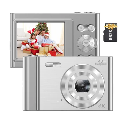 Andoer 4K digitális videokamera 48 MP 2,4 hüvelykes IPS képernyő 32 GB memóriakártyával - Ezüst