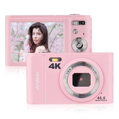 Andoer 48MP 4K 2,8 hüvelykes digitális fényképezőgép IPS képernyő 16x zoom önkioldó 2db elemmel, kézi szíjjal, hordtáskával - Pink