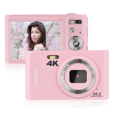 Andoer 48MP 4K 2,8 hüvelykes digitális fényképezőgép IPS képernyő 16x zoom önkioldó 2db elemmel, kézi szíjjal, hordtáskával - Pink