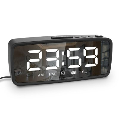 Digitális ébresztőóra, 5,1 hüvelykes LED-es tükörkijelző, 3 fokozatú dimmer - Fekete, rádiós