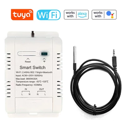 Tuya WiFi intelligens energiaáram-megszakító kapcsoló (20A kapcsoló 2 m-es hőmérsékleti vezetékkel)