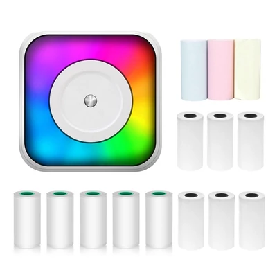 Mini többfunkciós matricakészítő hőnyomtató RGB fénnyel, azonnali fényképpel, tintamentes nyomtatással, BT-csatlakozás támogatásával okostelefonhoz - 9x 57 mm-es papírtekerccsel + 5 öntapadó papírtekerccsel