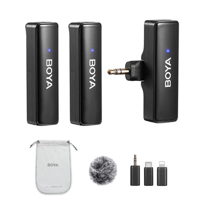 BOYA BOYALINK A2 2,4 GHz vezeték nélküli Lavalier Clip-on mikrofonrendszer 100 m átviteli hatótáv, zajcsökkentés, automatikus szinkron vevővel + 2db adó + 3db adapter