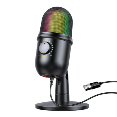 RGB kondenzátor mikrofon Kardioid USB mikrofon színes fényeffektussal, egygombos némítás, valós idejű monitorozás