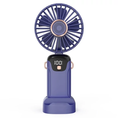 Hordozható mini kézi elektromos ventilátor LED képernyővel, összecsukható fogantyúval, levehető fedéllel - Kék