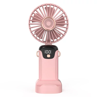 Hordozható mini kézi elektromos ventilátor LED képernyővel, összecsukható fogantyúval, levehető fedéllel - Pink