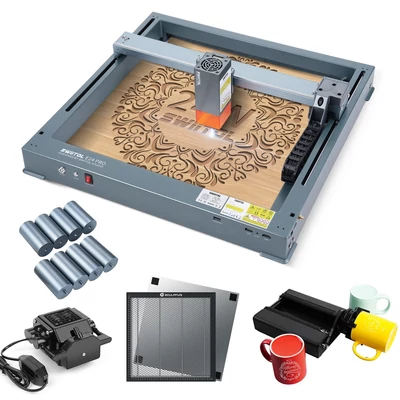 Swiitol E24 Pro 24 W integrált szerkezetű lézergravírozó 400x400 mm-es méhsejt munkaasztallal és légsegéd szivattyúval, valamint 4 az 1-ben Y-tengelyes forgóhengerrel és 8 db magasított talpbetéttel
