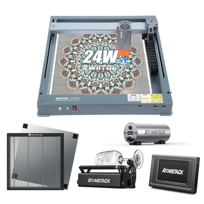 Swiitol E24 Pro 24W integrált szerkezetű lézergravírozó 400x400 mm-es méhsejt munkaasztallal és R3 Pro hengerrel és CR1 vezérlőterminállal és levegősegéd készlettel
