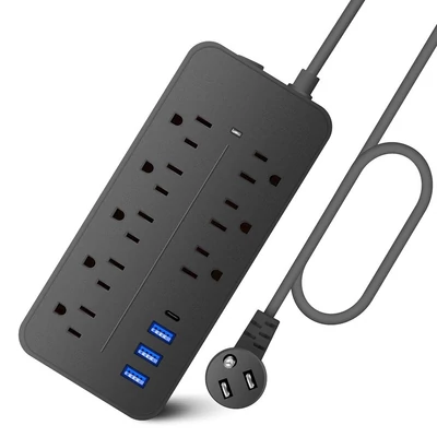 EL-08 dugaszoló elosztó túlfeszültségvédő 8 kimenettel és 4 USB porttal, 1700J, 2000W/10A, ETL listás, tűzálló, túlterhelés elleni védelem, otthoni irodai garázshoz - Fekete