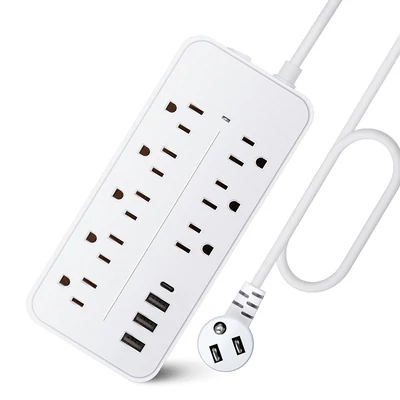 EL-08 dugaszoló elosztó túlfeszültségvédő 8 kimenettel és 4 USB porttal, 1700J, 2000W/10A, ETL listás, tűzálló, túlterhelés elleni védelem, otthoni irodai garázshoz - Fehér