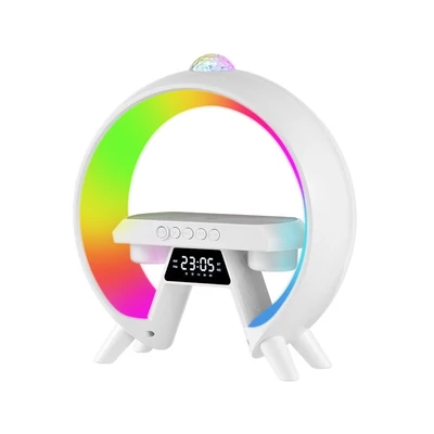 G66 multifunkcionális vezeték nélküli hangszóró, hordozható BT hangszóró vezeték nélküli töltővel, légköri lámpával és időkijelzővel