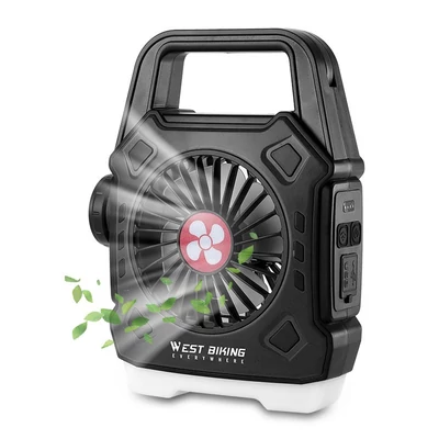 Többfunkciós kempingventilátor, kültéri hordozható lámpa, gyorstöltés - Fekete