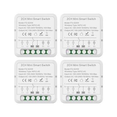 2-utas, Tuya APP WiFi kapcsoló relémodul, 16A vezeték nélküli be-/kikapcsoló eszköz - 4 db
