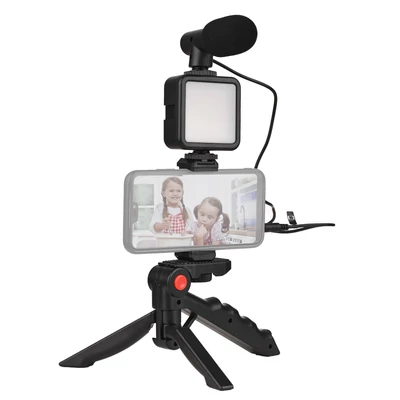 Okostelefon vlog készlet, mini LED videó fény + kardioid mikrofon + kiterjeszthető telefonklip + állvány állítható fényerővel