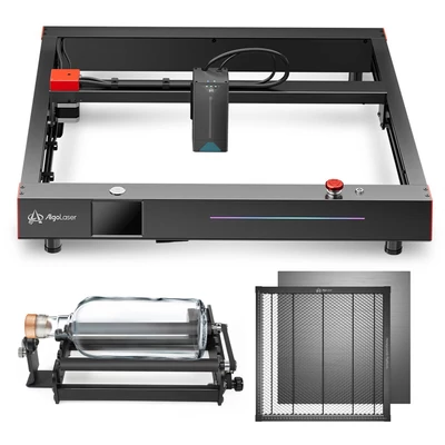Algolaser Delta 22 W lézergravírozó automatikus levegő segédszivattyúval és 400x400 mm-es lézeres méhsejt munkaasztallal és Y tengelyű forgóhengerrel
